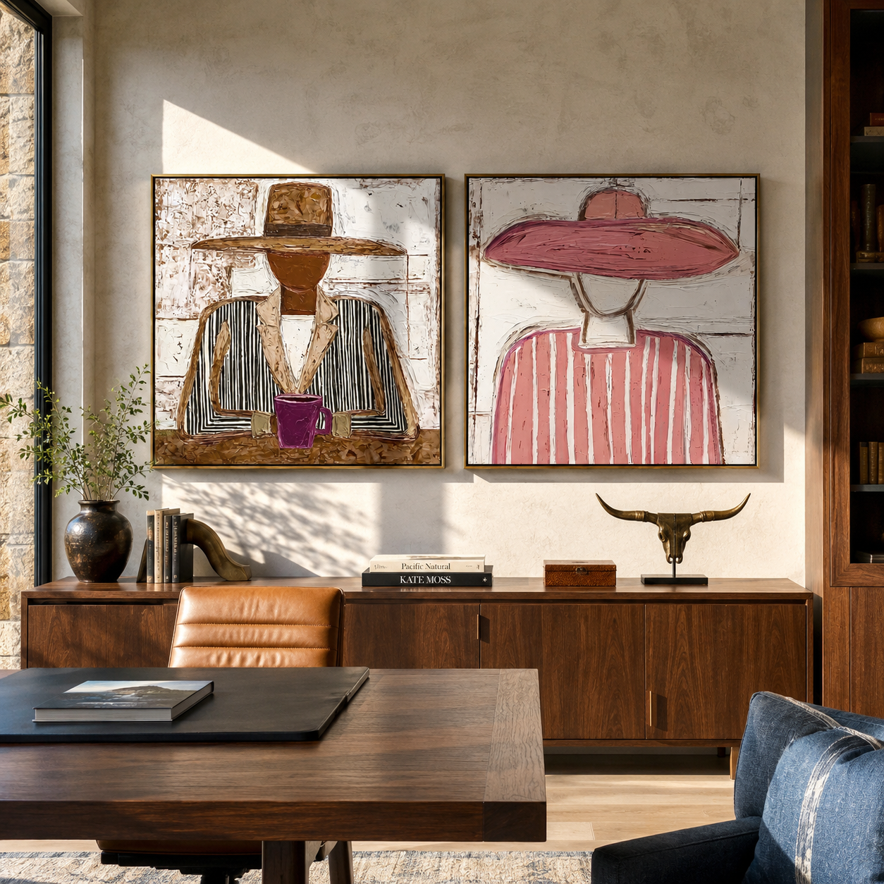 Quiet Cups Meet Brims - seated cup figures by Elliot Vale, modern figurative set of 2 wall art - styled room scene view 5