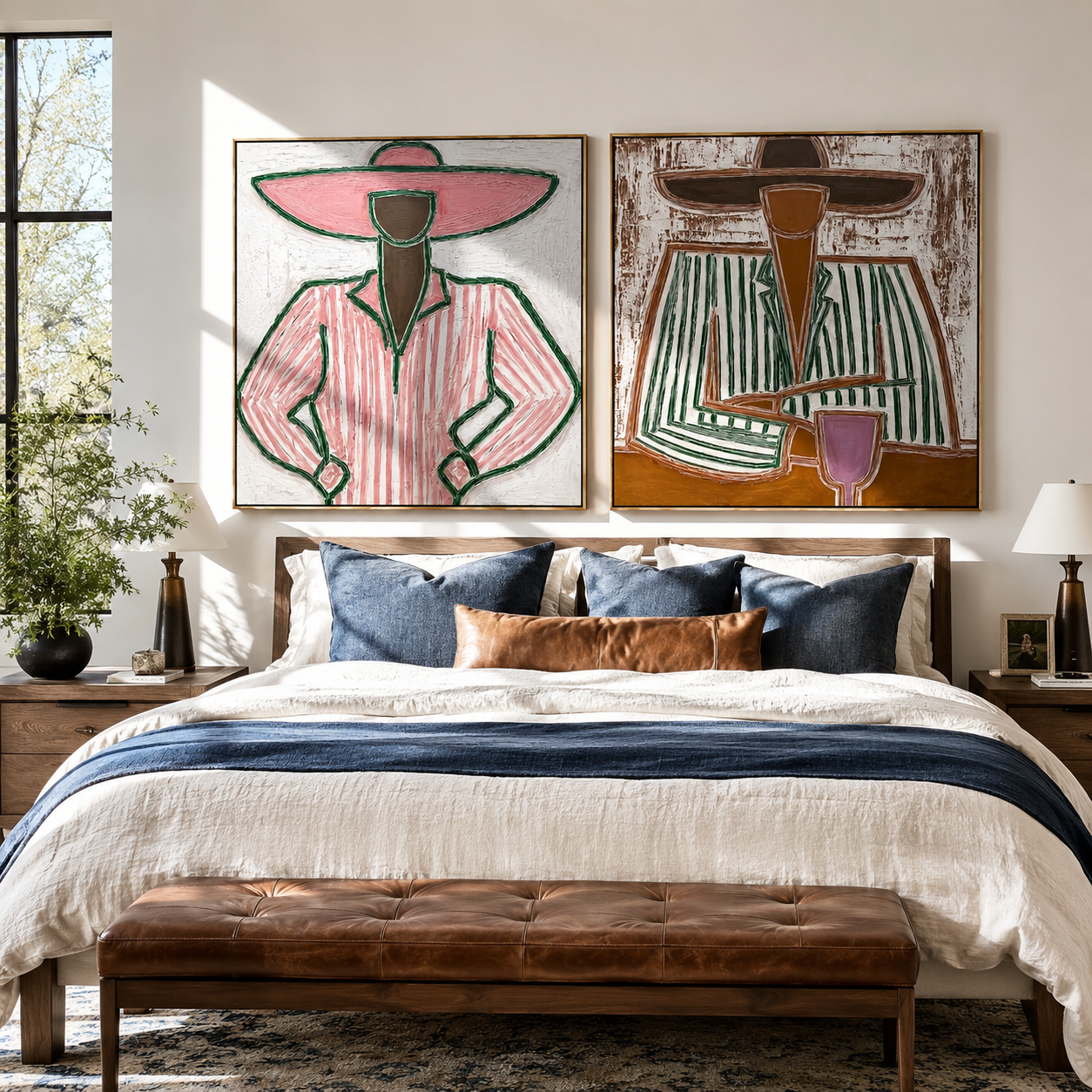 Pink Outlines Hold Green - outlined Western women by Elliot Vale, modern figurative set of 2 wall art - styled room scene view 1