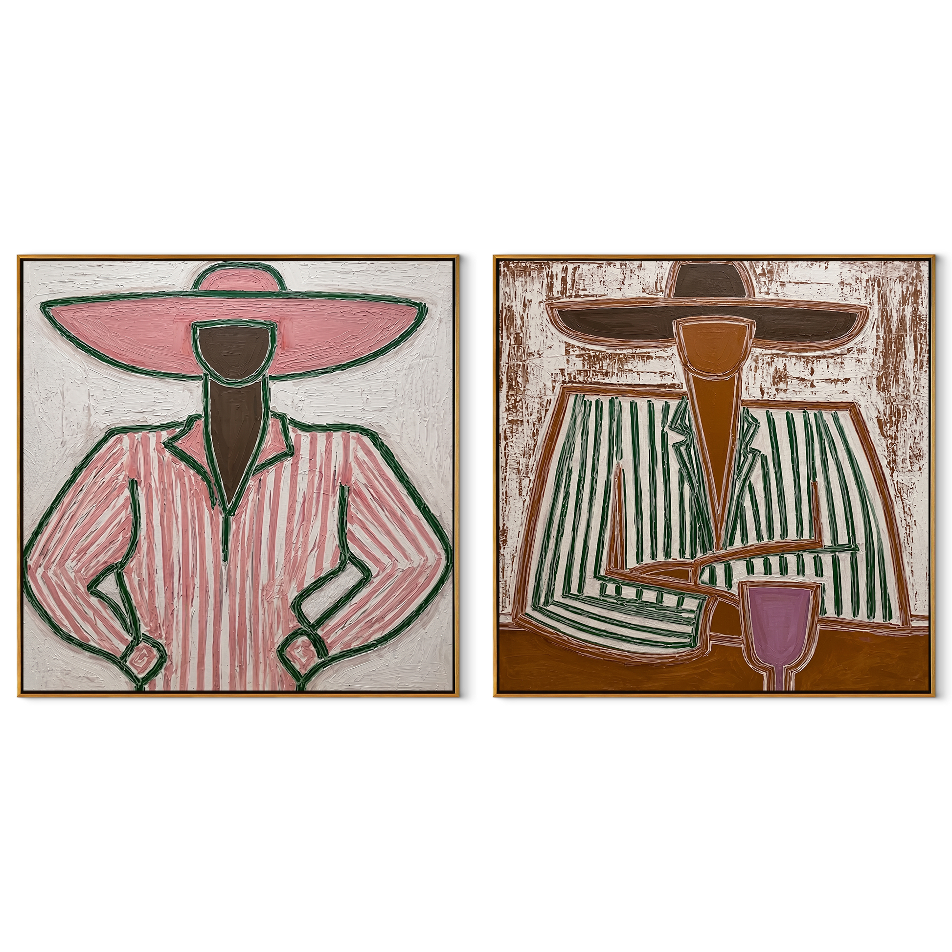 Pink Outlines Hold Green - outlined Western women by Elliot Vale, modern figurative set of 2 wall art - complete two-panel artwork set on white background