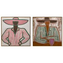 Pink Outlines Hold Green - outlined Western women by Elliot Vale, modern figurative set of 2 wall art - complete two-panel artwork set on white background