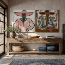 Pink Outlines Hold Green - outlined Western women by Elliot Vale, modern figurative set of 2 wall art - styled room scene view 2