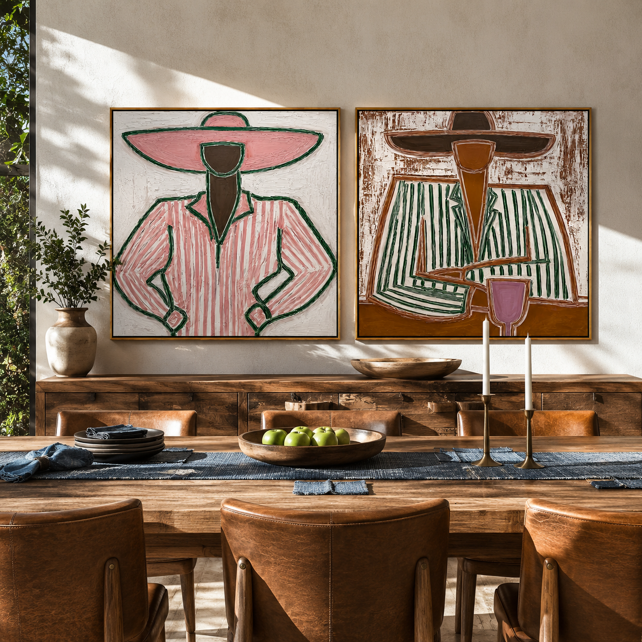 Pink Outlines Hold Green - outlined Western women by Elliot Vale, modern figurative set of 2 wall art - styled room scene view 3