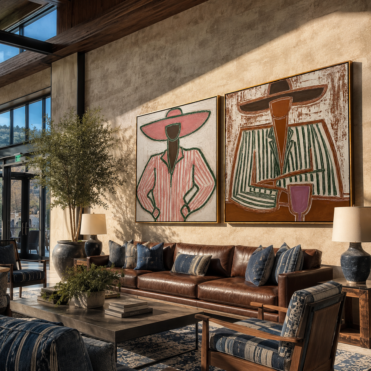 Pink Outlines Hold Green - outlined Western women by Elliot Vale, modern figurative set of 2 wall art - styled room scene view 4