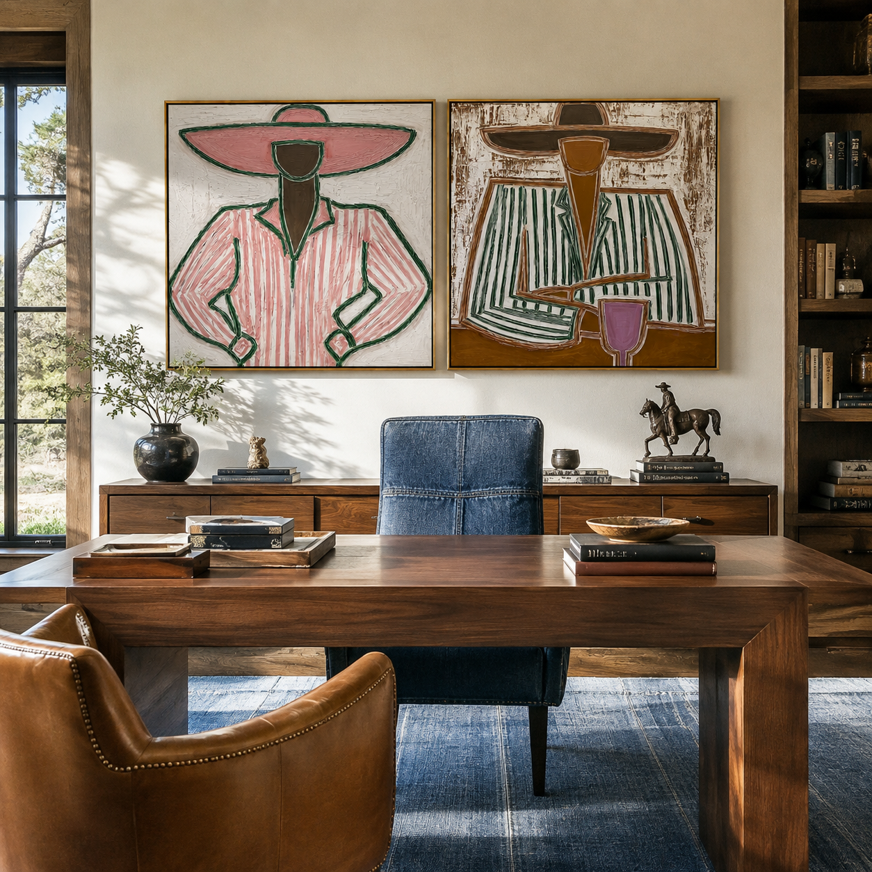 Pink Outlines Hold Green - outlined Western women by Elliot Vale, modern figurative set of 2 wall art - styled room scene view 5