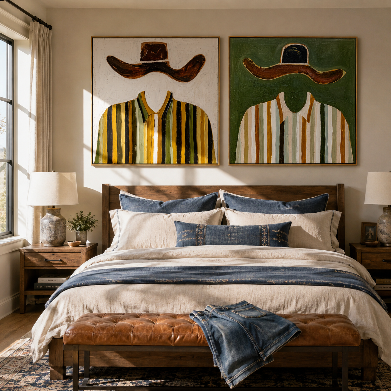 Ochre Brims Divide Stripes - striped broad hat figures by Elliot Vale, modern figurative set of 2 wall art - styled room scene view 1