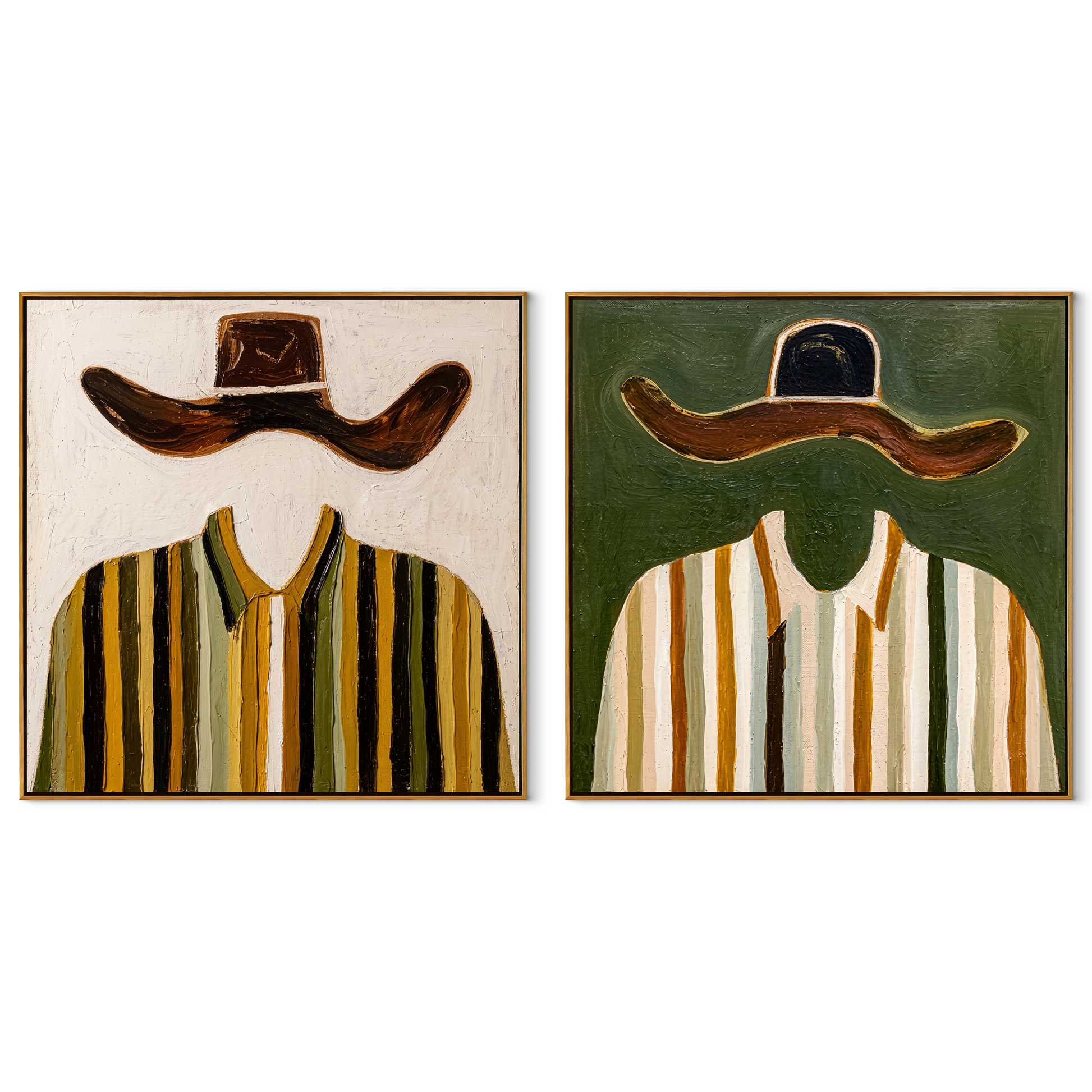 Ochre Brims Divide Stripes - striped broad hat figures by Elliot Vale, modern figurative set of 2 wall art - complete two-panel artwork set on white background