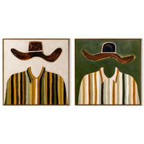 Ochre Brims Divide Stripes - striped broad hat figures by Elliot Vale, modern figurative set of 2 wall art - complete two-panel artwork set on white background