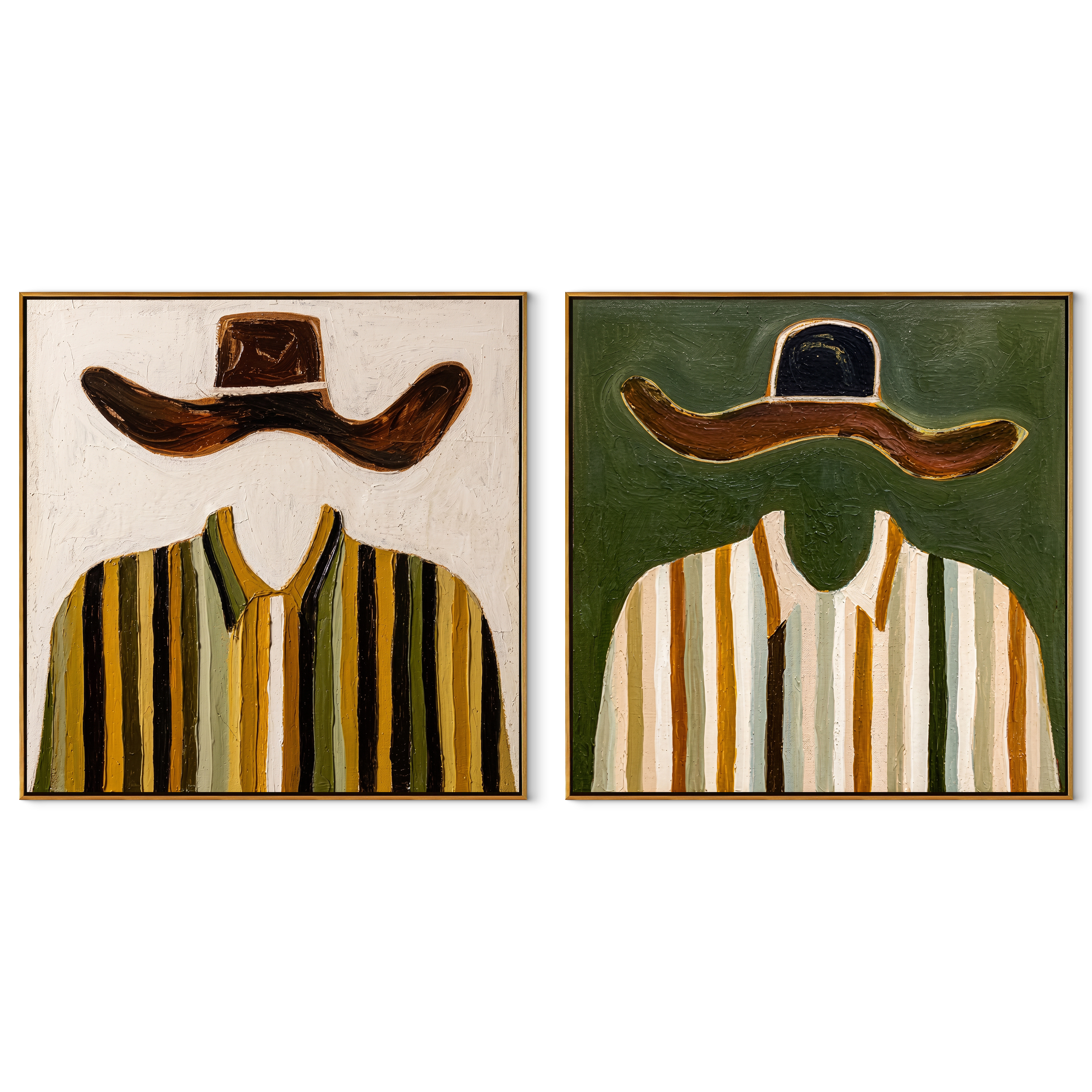 Ochre Brims Divide Stripes - striped broad hat figures by Elliot Vale, modern figurative set of 2 wall art - complete two-panel artwork set on white background