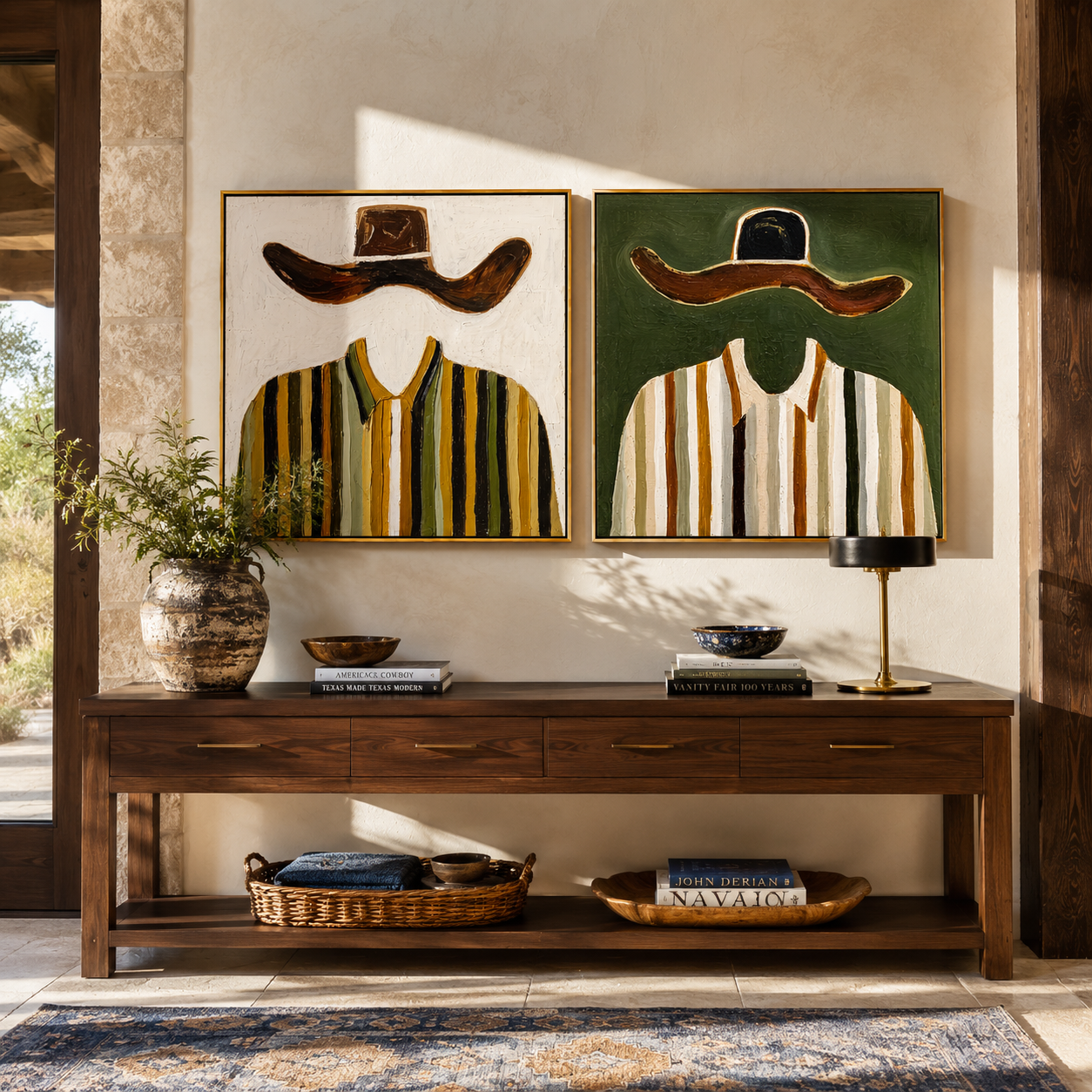 Ochre Brims Divide Stripes - striped broad hat figures by Elliot Vale, modern figurative set of 2 wall art - styled room scene view 2