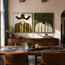 Ochre Brims Divide Stripes - striped broad hat figures by Elliot Vale, modern figurative set of 2 wall art - styled room scene view 3