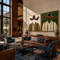 Ochre Brims Divide Stripes - striped broad hat figures by Elliot Vale, modern figurative set of 2 wall art - styled room scene view 4