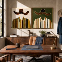 Ochre Brims Divide Stripes - striped broad hat figures by Elliot Vale, modern figurative set of 2 wall art - styled room scene view 5