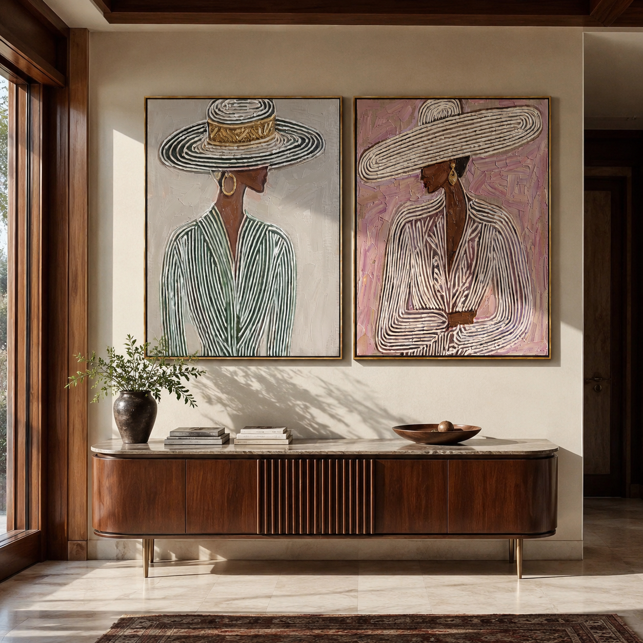 Woven Hats Turn Sideways - woven brim women by Elliot Vale, modern figurative set of 2 wall art - styled room scene view 1