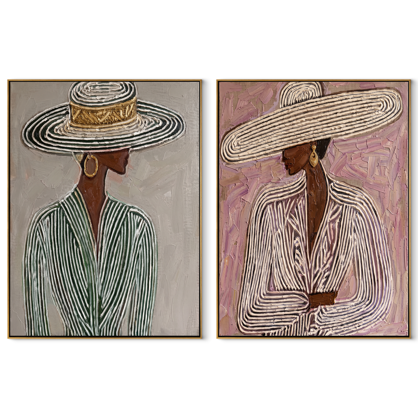 Woven Hats Turn Sideways - woven brim women by Elliot Vale, modern figurative set of 2 wall art - complete two-panel artwork set on white background