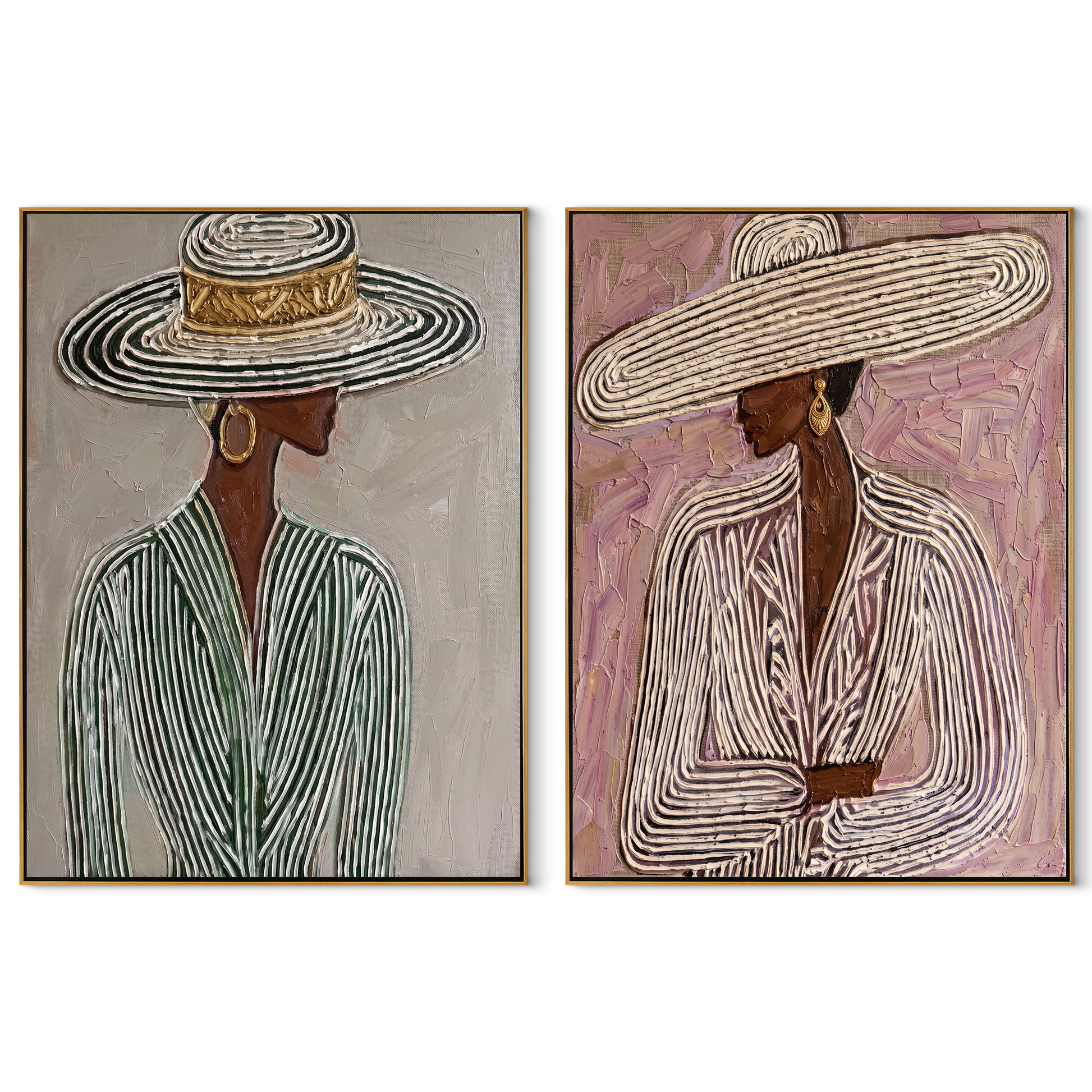 Woven Hats Turn Sideways - woven brim women by Elliot Vale, modern figurative set of 2 wall art - complete two-panel artwork set on white background