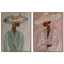 Woven Hats Turn Sideways - woven brim women by Elliot Vale, modern figurative set of 2 wall art - complete two-panel artwork set on white background