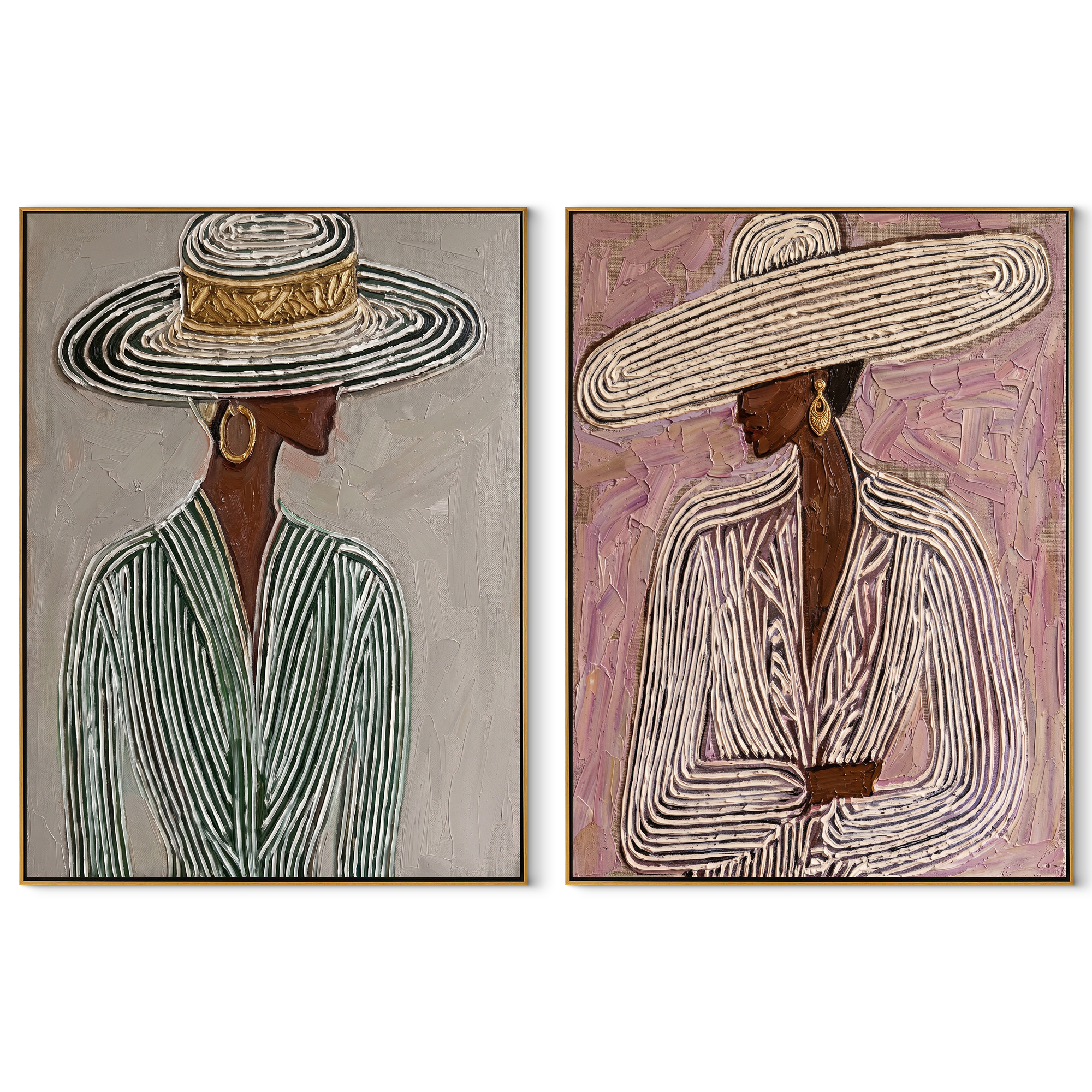 Woven Hats Turn Sideways - woven brim women by Elliot Vale, modern figurative set of 2 wall art - complete two-panel artwork set on white background
