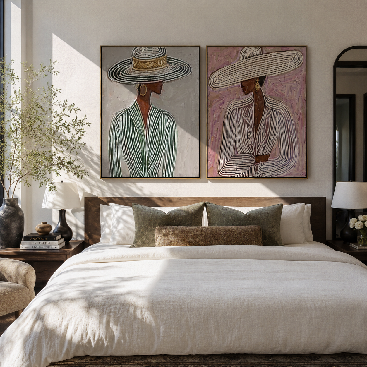 Woven Hats Turn Sideways - woven brim women by Elliot Vale, modern figurative set of 2 wall art - styled room scene view 2