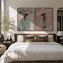 Woven Hats Turn Sideways - woven brim women by Elliot Vale, modern figurative set of 2 wall art - styled room scene view 2