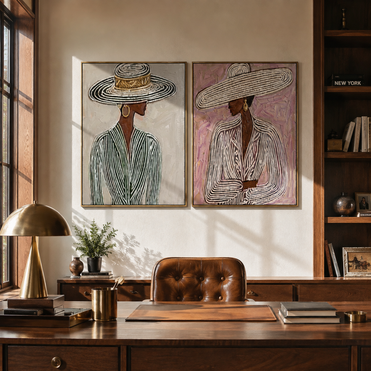Woven Hats Turn Sideways - woven brim women by Elliot Vale, modern figurative set of 2 wall art - styled room scene view 3