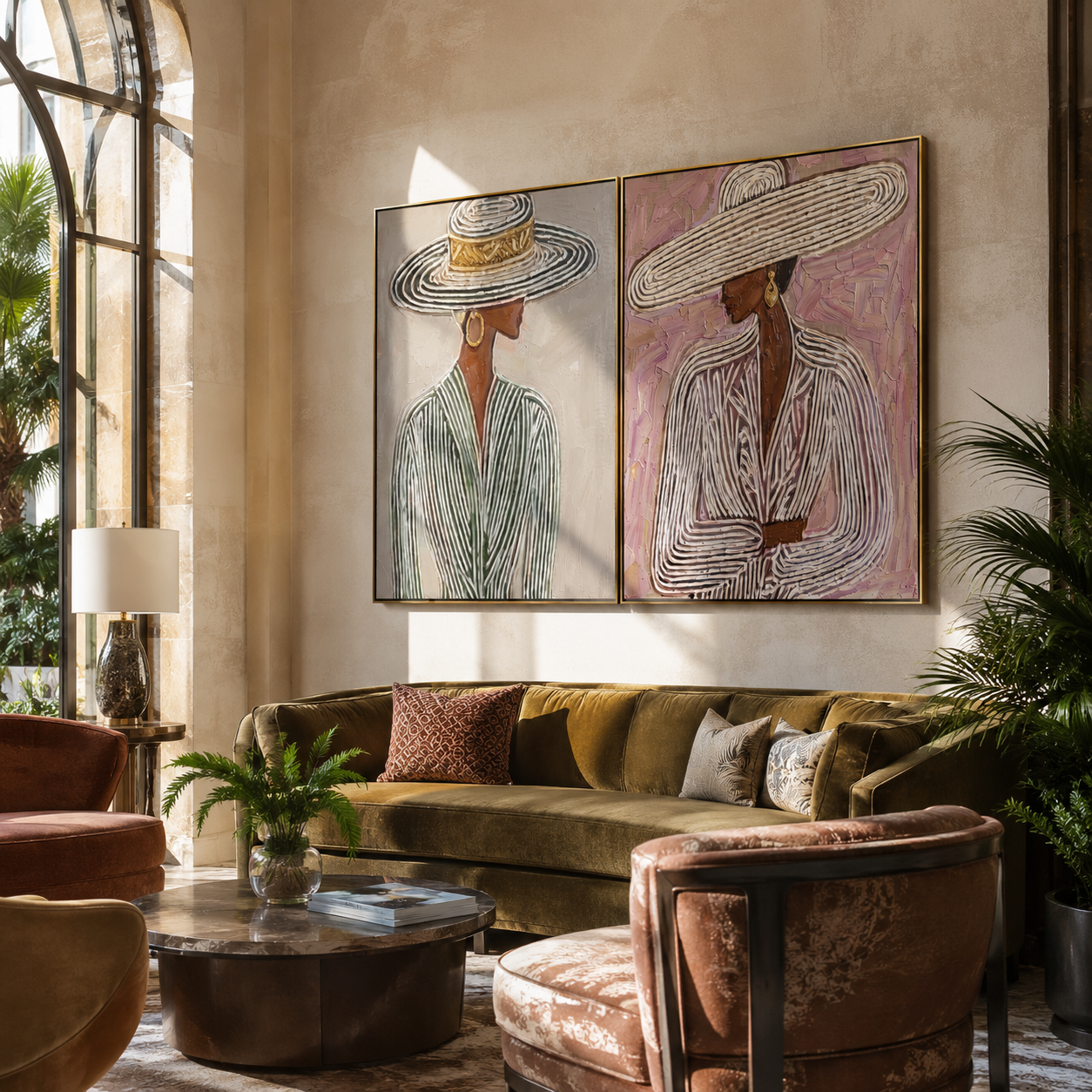 Woven Hats Turn Sideways - woven brim women by Elliot Vale, modern figurative set of 2 wall art - styled room scene view 4