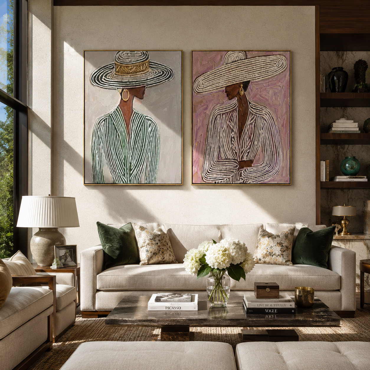 Woven Hats Turn Sideways - woven brim women by Elliot Vale, modern figurative set of 2 wall art - styled room scene view 5