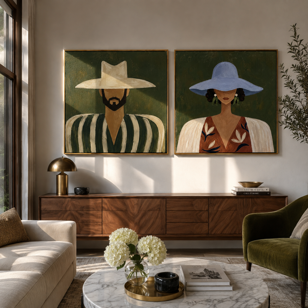 Two Brims Frame Faces - paired Western faces by Elliot Vale, modern figurative set of 2 wall art - styled room scene view 1