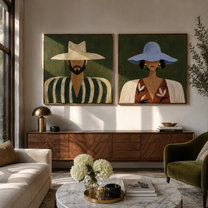 Two Brims Frame Faces - paired Western faces by Elliot Vale, modern figurative set of 2 wall art - styled room scene view 1