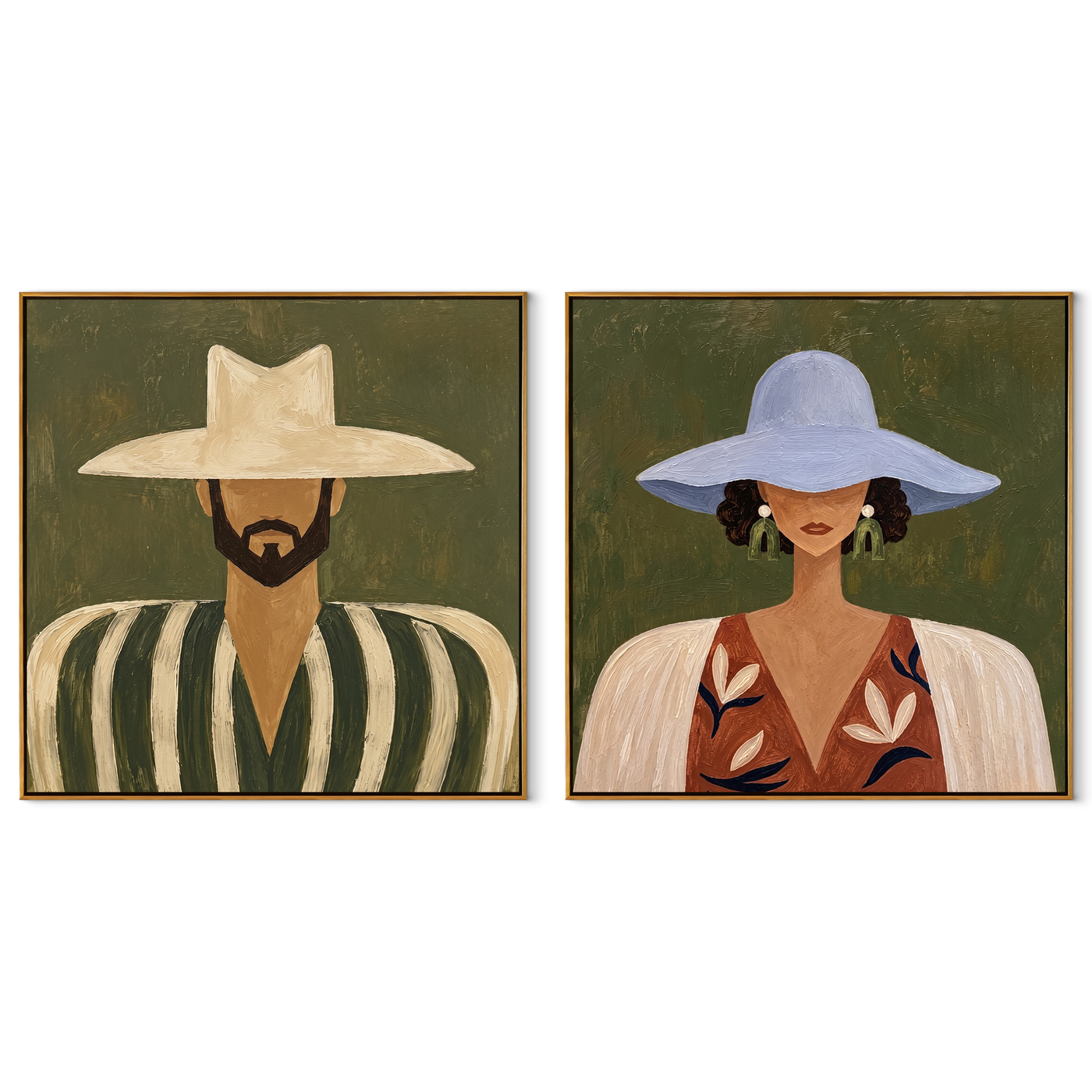 Two Brims Frame Faces - paired Western faces by Elliot Vale, modern figurative set of 2 wall art - complete two-panel artwork set on white background