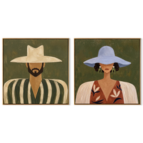 Two Brims Frame Faces - paired Western faces by Elliot Vale, modern figurative set of 2 wall art - complete two-panel artwork set on white background