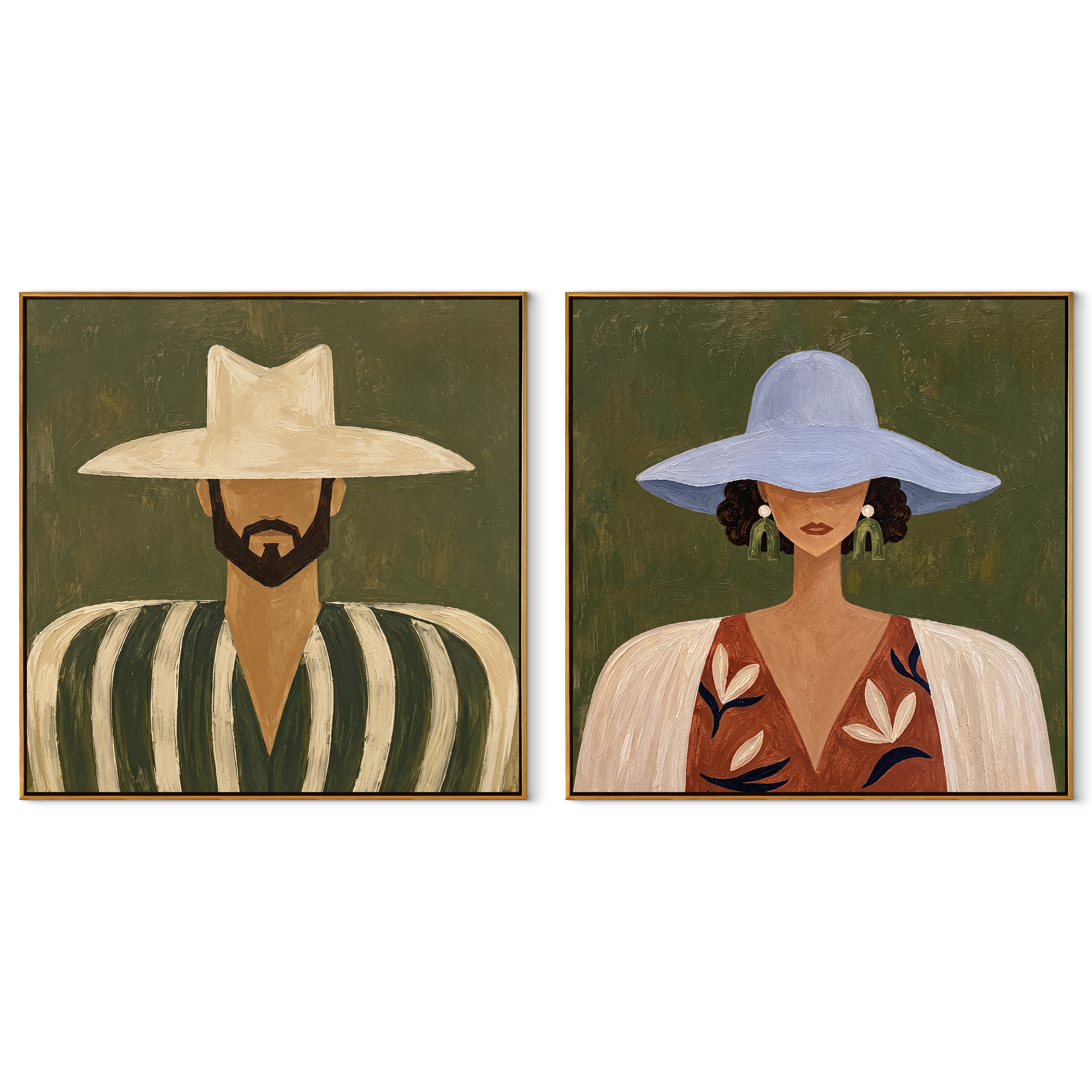 Two Brims Frame Faces - paired Western faces by Elliot Vale, modern figurative set of 2 wall art - complete two-panel artwork set on white background