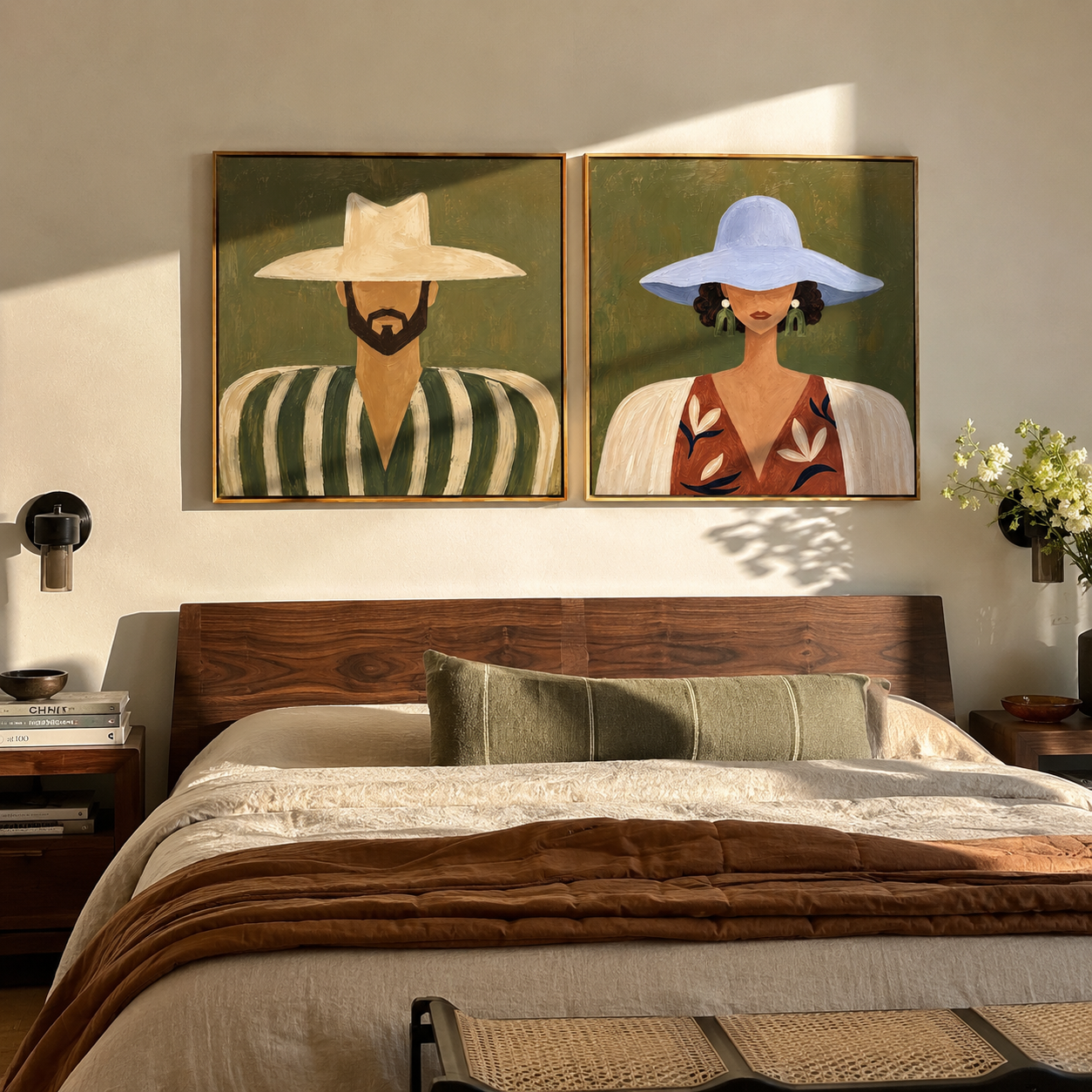 Two Brims Frame Faces - paired Western faces by Elliot Vale, modern figurative set of 2 wall art - styled room scene view 2