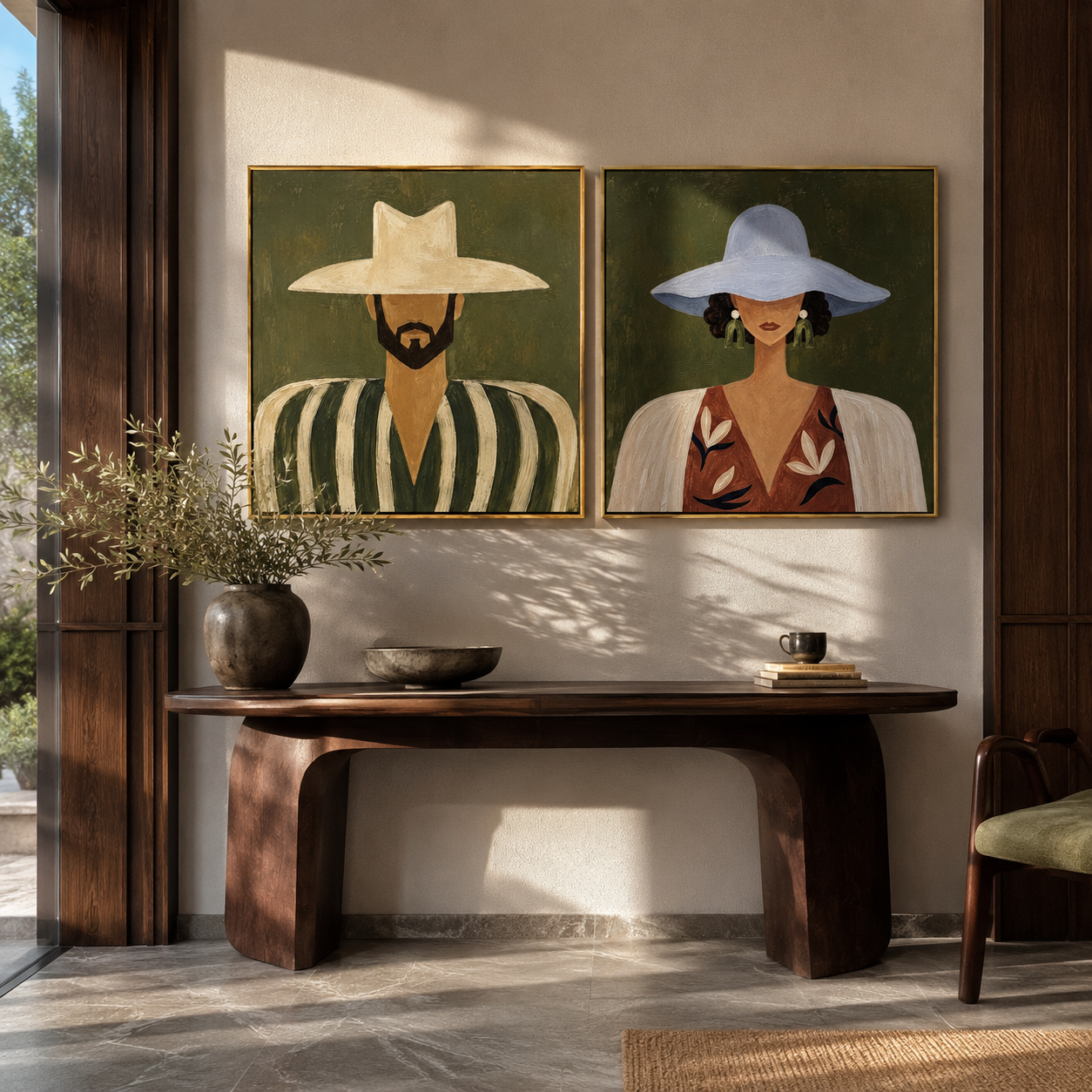 Two Brims Frame Faces - paired Western faces by Elliot Vale, modern figurative set of 2 wall art - styled room scene view 3