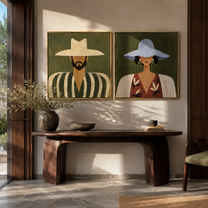 Two Brims Frame Faces - paired Western faces by Elliot Vale, modern figurative set of 2 wall art - styled room scene view 3