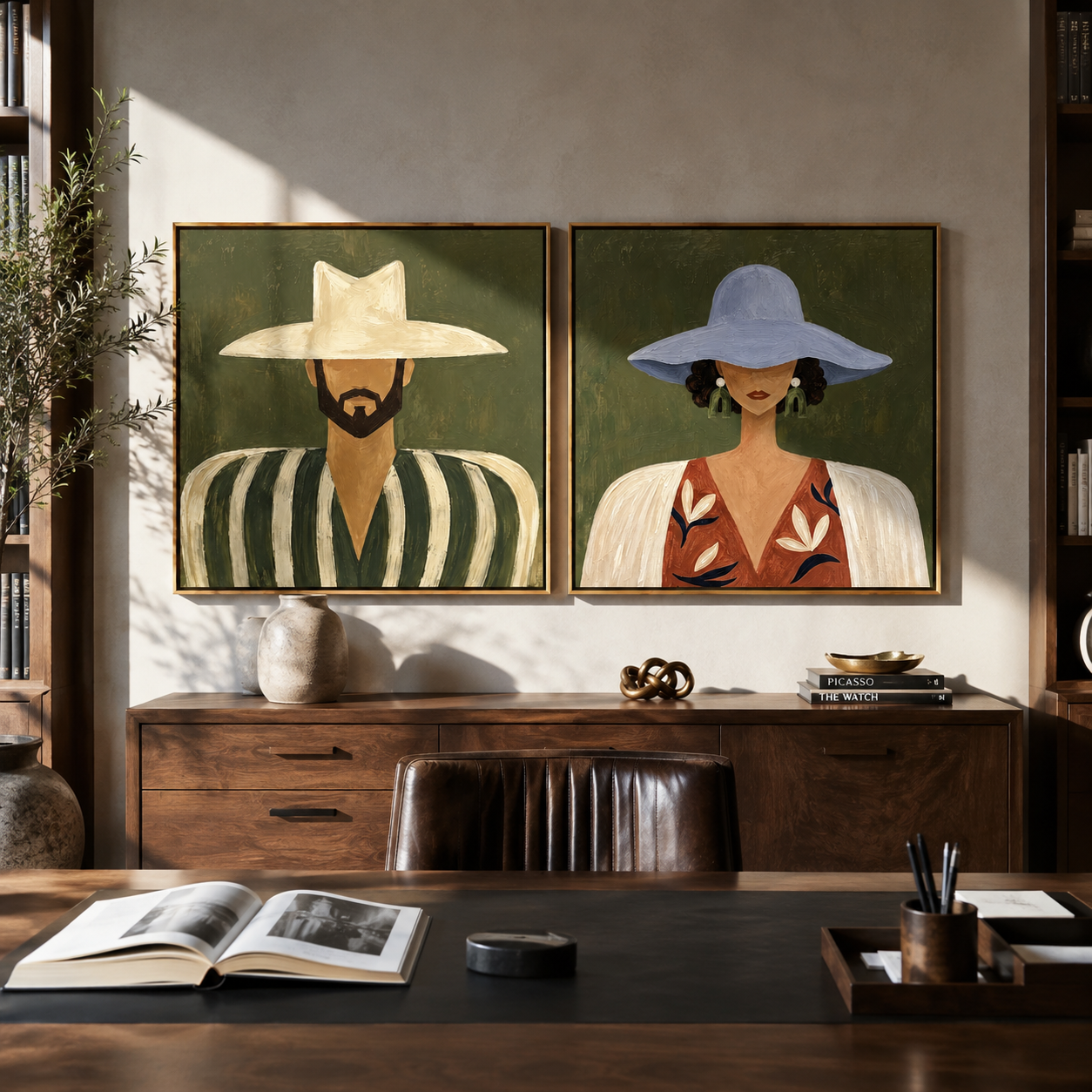 Two Brims Frame Faces - paired Western faces by Elliot Vale, modern figurative set of 2 wall art - styled room scene view 4