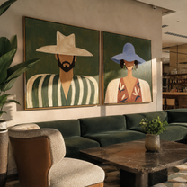 Two Brims Frame Faces - paired Western faces by Elliot Vale, modern figurative set of 2 wall art - styled room scene view 5