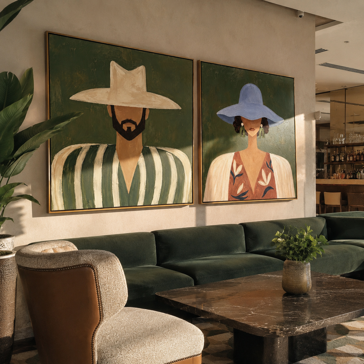 Two Brims Frame Faces - paired Western faces by Elliot Vale, modern figurative set of 2 wall art - styled room scene view 5