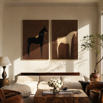 Black White Horses Wait - minimal horse silhouettes by Elliot Vale, modern figurative set of 2 wall art - styled room scene view 1