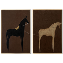 Black White Horses Wait - minimal horse silhouettes by Elliot Vale, modern figurative set of 2 wall art - complete two-panel artwork set on white background