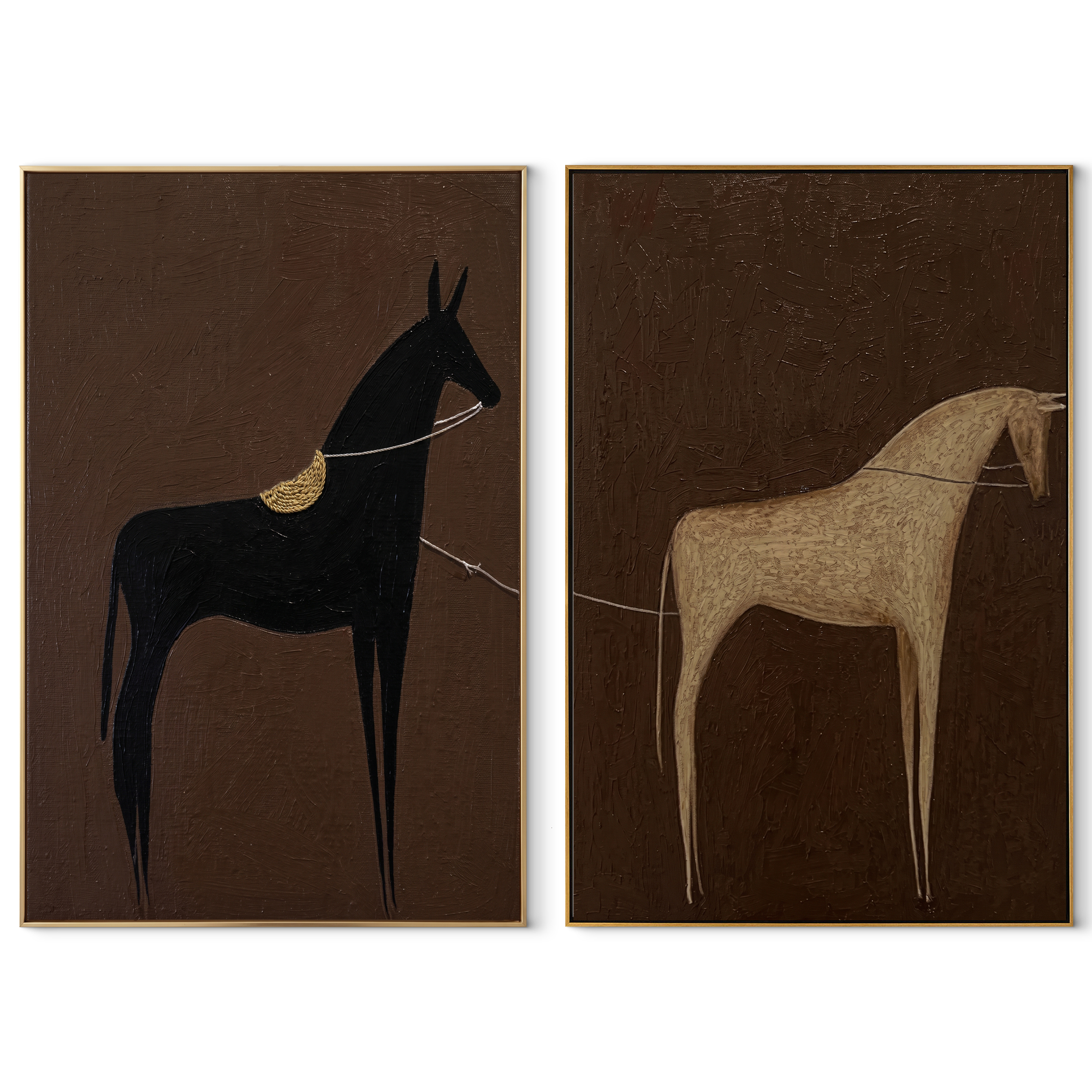 Black White Horses Wait - minimal horse silhouettes by Elliot Vale, modern figurative set of 2 wall art - complete two-panel artwork set on white background