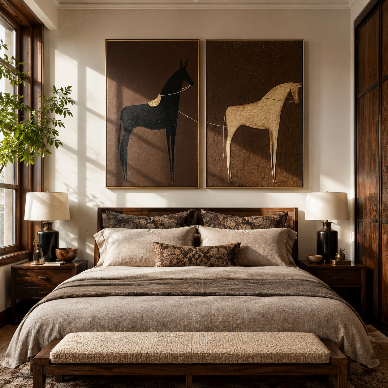 Black White Horses Wait - minimal horse silhouettes by Elliot Vale, modern figurative set of 2 wall art - styled room scene view 2