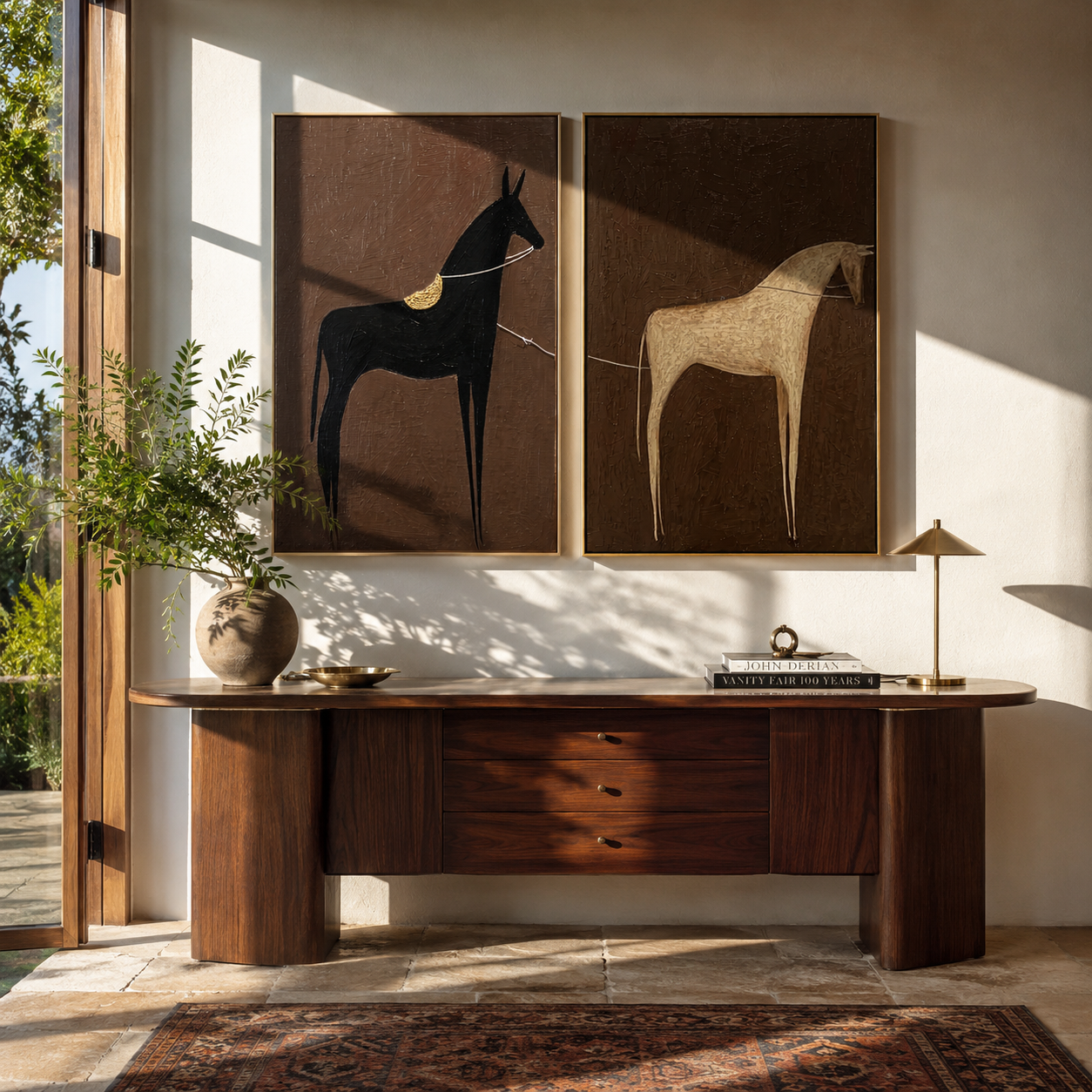 Black White Horses Wait - minimal horse silhouettes by Elliot Vale, modern figurative set of 2 wall art - styled room scene view 3