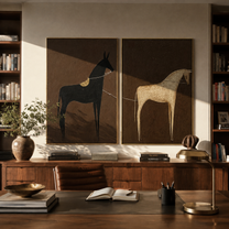 Black White Horses Wait - minimal horse silhouettes by Elliot Vale, modern figurative set of 2 wall art - styled room scene view 4