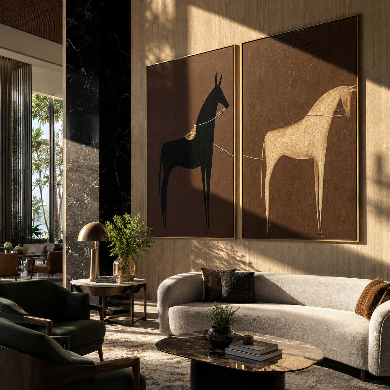 Black White Horses Wait - minimal horse silhouettes by Elliot Vale, modern figurative set of 2 wall art - styled room scene view 5