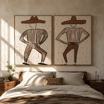 Bent Knees Mark Rhythm - dancing cowboy figures by Elliot Vale, modern figurative set of 2 wall art - styled room scene view 1