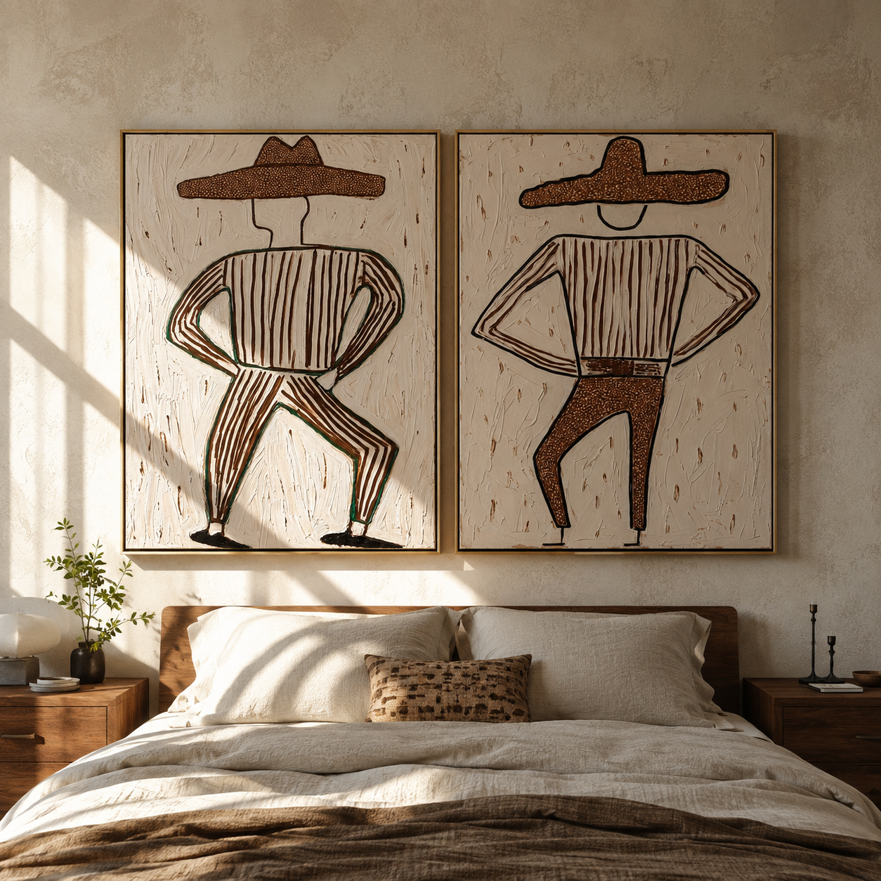 Bent Knees Mark Rhythm - dancing cowboy figures by Elliot Vale, modern figurative set of 2 wall art - styled room scene view 1