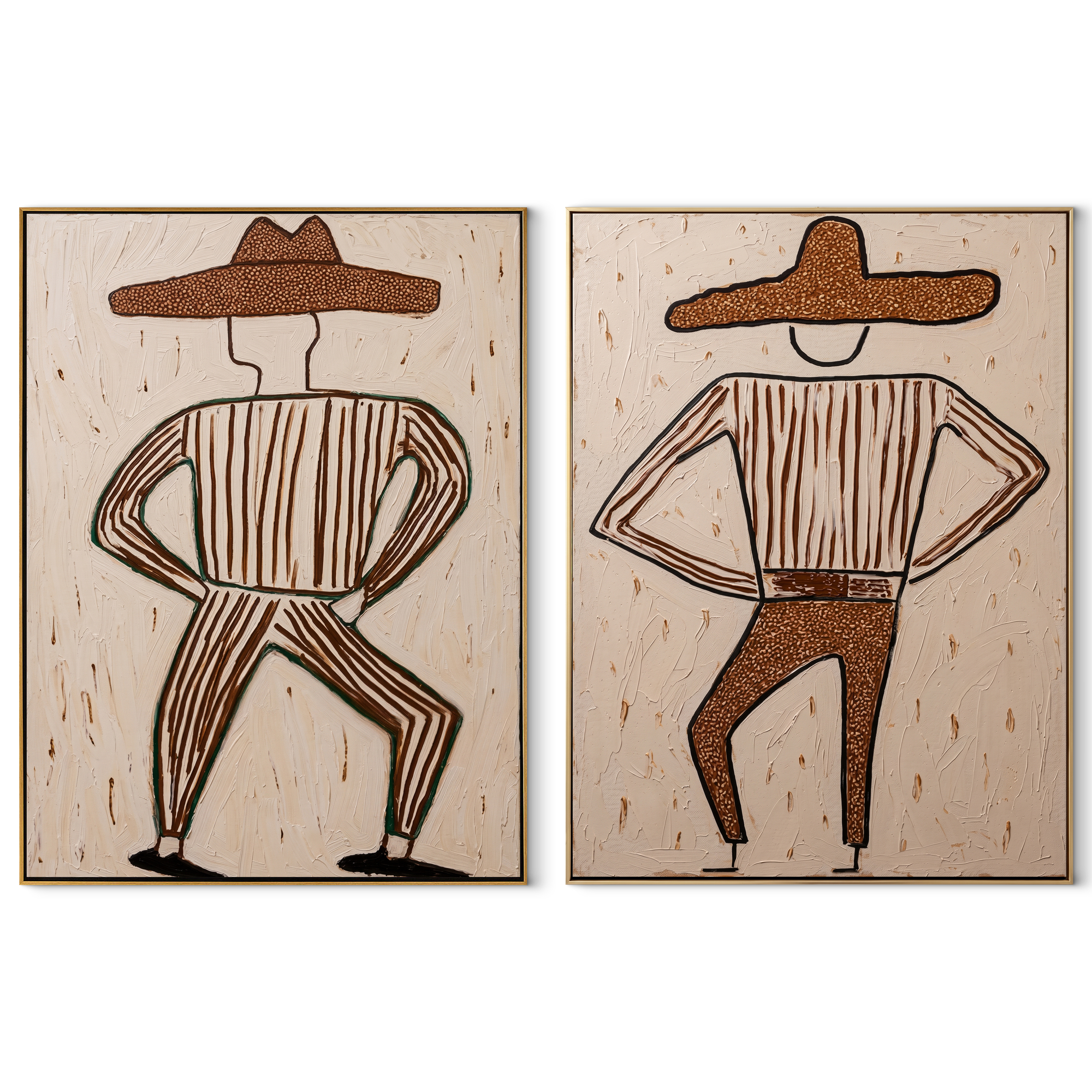 Bent Knees Mark Rhythm - dancing cowboy figures by Elliot Vale, modern figurative set of 2 wall art - complete two-panel artwork set on white background