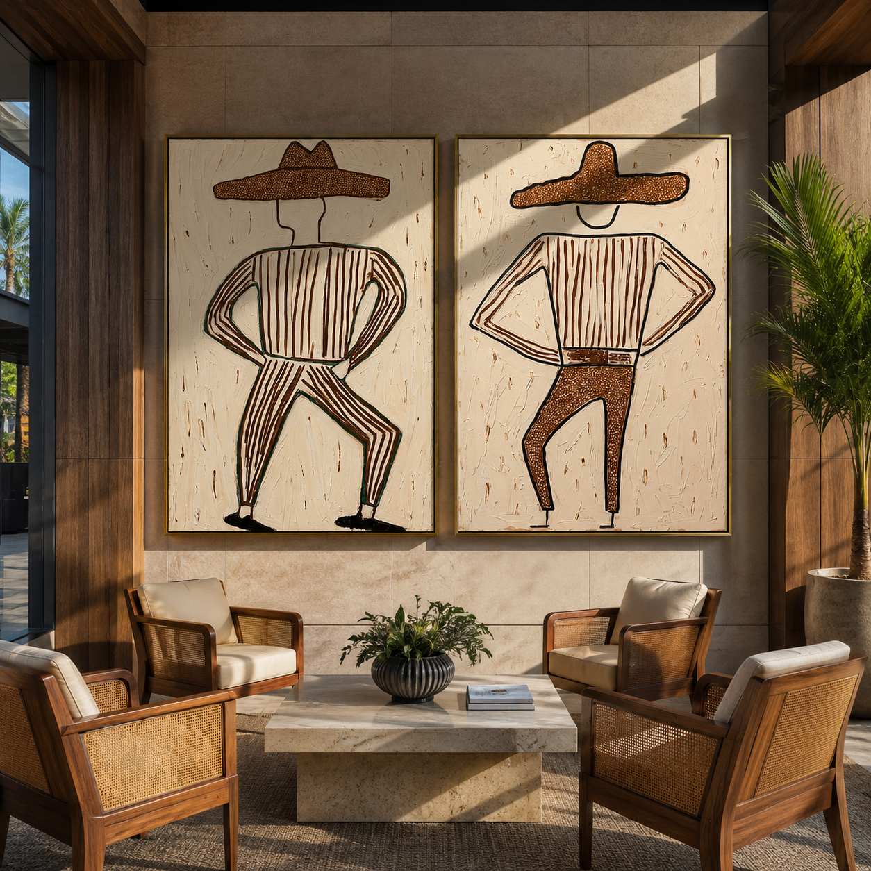Bent Knees Mark Rhythm - dancing cowboy figures by Elliot Vale, modern figurative set of 2 wall art - styled room scene view 2