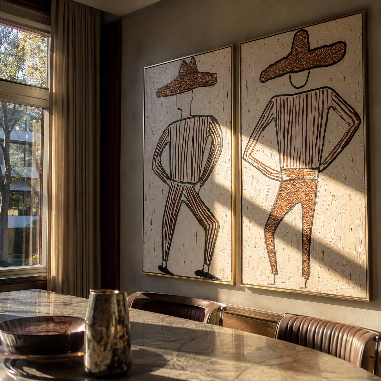 Bent Knees Mark Rhythm - dancing cowboy figures by Elliot Vale, modern figurative set of 2 wall art - styled room scene view 3
