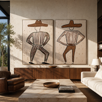 Bent Knees Mark Rhythm - dancing cowboy figures by Elliot Vale, modern figurative set of 2 wall art - styled room scene view 4